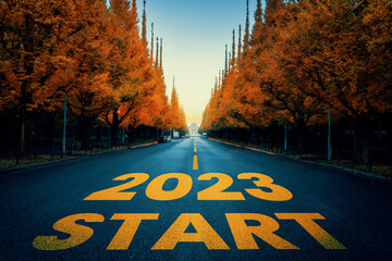 2023 New Year road trip travel and future vision concept . Nature landscape with highway road...