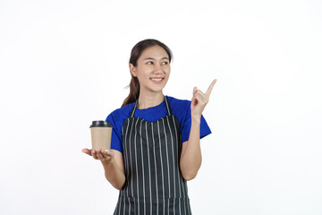 Excited asian coffee shop SME owner asian woman wearing blue t-shirt and black apron isolated on white background. Holding coffee cup