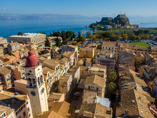 Aerial Panoramic drone view of Kerkyra, capital of Corfu island, Greece