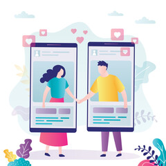 Online dating, concept. People communicate using smartphones. Communication in mobile dating application. Young adults have virtual handshake in social network. Love couple talking remotely.