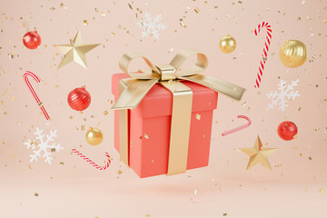 3d rendering christmas and new year background with gift box,tree,ball,star, candy and snowflake decoration - 551300757