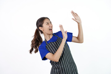 Excited asian coffee shop SME owner asian woman wearing blue t-shirt and black apron isolated on white background. Stop, no