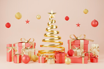 3d rendering christmas and new year background with gift box,tree,ball,star decoration - 551300795