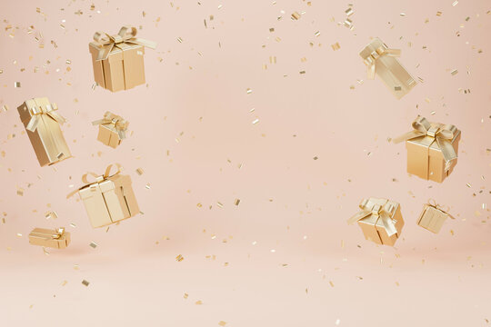 3d rendering christmas and new year background with gold gift box and copy space