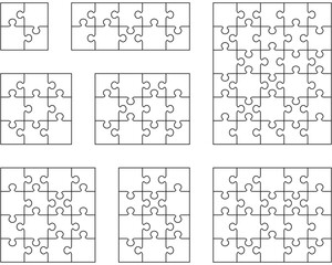 Illustration of eight different white puzzles, separate pieces	