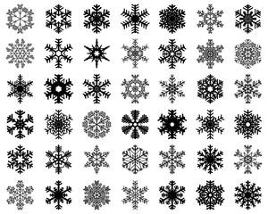 Set of different black snowflakes on a white background