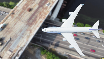 plane flies above the landscape. Side view of aircraft. Travel and transportation concept.