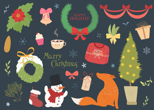 Composition of Christmas elements for the new year and holidays. Big design set vector stickers. Christmas tree, gingerbread, animals, Santa Claus, lollipops, Christmas decorations, gifts and coffee