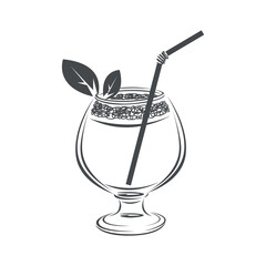 Glass with cocktail, straw and fruits icon. Silhouette. Vector icon drawn with a line, isolated in a modern style, for the design of menus, social media pages and postcards