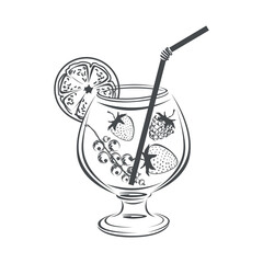 Glass with cocktail, straw and fruits icon. Silhouette. Vector icon drawn with a line, isolated in a modern style, for the design of menus, social media pages and postcards