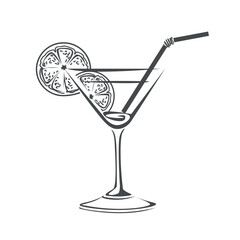 Glass with cocktail, straw and fruits icon. Silhouette. Vector icon drawn with a line, isolated in a modern style, for the design of menus, social media pages and postcards