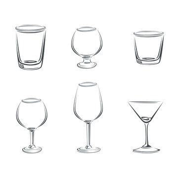Empty glasses set. Silhouette. Vector icon drawn with a line, isolated in a modern style, for the design of menus, social media pages and postcards