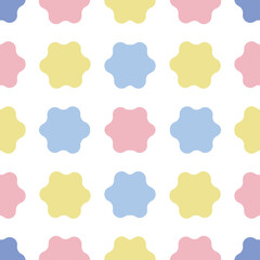 Vector fabric pattern illustration white background abstract unbalance curve patterns cute flower blue yellow pink pastel color different size flower seamless pattern illustration wallpaper abstract.