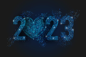 Abstract isolated blue image of new year number 2023. Polygonal low poly wireframe illustration looks like stars in the blask night sky in spase or flying glass shards. Digital web, internet design. © Katsiaryna