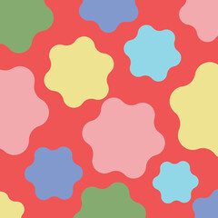 Vector fabric pattern illustration red background abstract unbalance curve patterns flower shape blue yellow pink pastel color different size flower seamless pattern illustration wallpaper abstract.