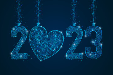 Abstract isolated blue image of new year number 2023. Polygonal low poly wireframe illustration looks like stars in the blask night sky in spase or flying glass shards. Digital web, internet design. © Katsiaryna