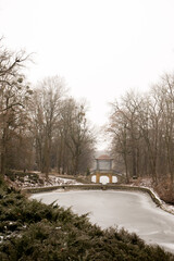 Fototapeta na wymiar A frozen lake near the Chinese Bridge in winter, Ukraine