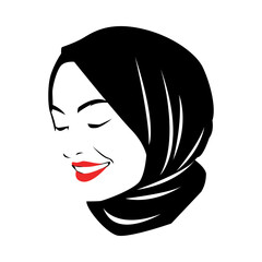 portrait of a beautiful woman wearing a hijab smiling. red lipstick. silhouette logo vector. isolated white background.