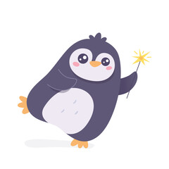 Cute penguin with gold sparkler, funny animal character dancing with bengal lights
