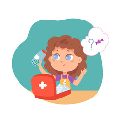 Kid playing with drugs and pills, girl opening first aid box, holding medicine bottle