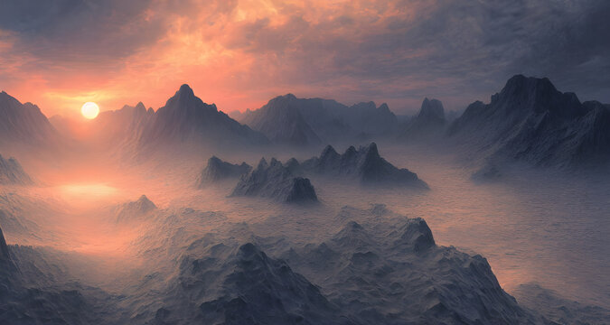 Digital Illustration Fantasy Landscape Mountains With Water Reflection © Oblivion VC