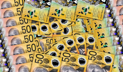 Australia Dollar 50 banknotes in a fan mosaic pattern 3d illustration
