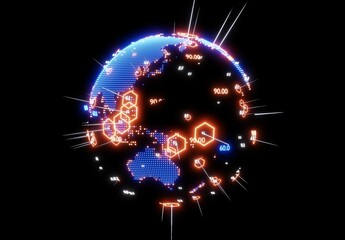 Neon planet Earth and lit up places of  growing market. Asia and Australia side. Economy, finance Concept, 3D rendering illustration