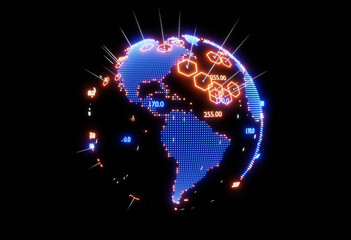 Neon planet Earth and indicated places of  growing market. North and South America. Economy, finance Concept, 3D rendering illustration