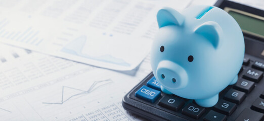 pig money box for money on background with calculator and financial charts. Investment and capital accumulation concept