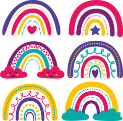 Colorful set of cute doodle rainbows. Trendy print for children. Printable art on white background.	