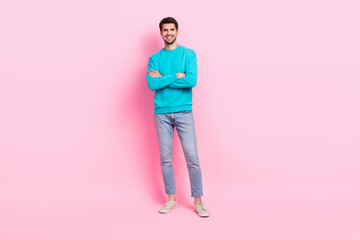 Full body photo of handsome young man crossed arms confident posing dressed stylish blue garment isolated on pink color background