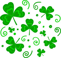Clover leaves and doodle elements placed in a circle. Design element with shamrock for St. Patrick's Day. Vector illustration