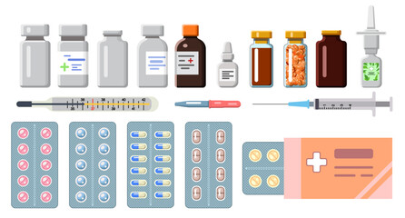 Set of drugs and pills for pharmacies, hospitals and health, pharmaceutics concept. Vector illustration, isolated on white background, syringe, pipette, thermometer