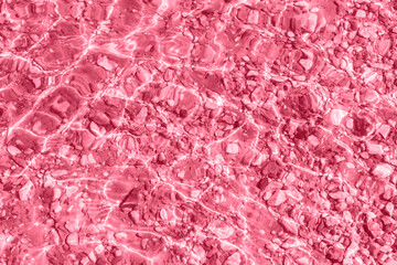 Creative background of transparent smooth water surface and stony bottom in color 2023 Viva Magenta.