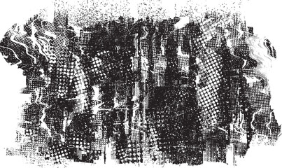 Glitch distorted grungy shape . Noised grange texture. Textured and glitched shapes .Grunge texture. Screen print and noise effect .Vector overlay background with a halftone dots screen print texture.
