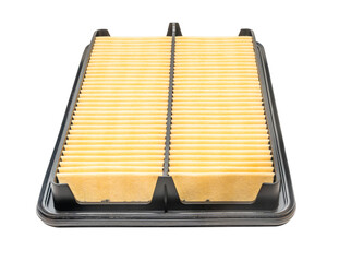 Close up new square car air filter on a white background
