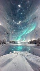 Illustration of a beautiful Christmas winter landscape covered in ice and snow, blue northern lights, digital art
