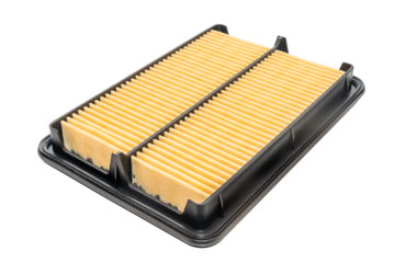 Close up new square car air filter on a white background