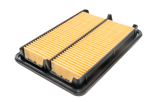 Close up new square car air filter on a white background