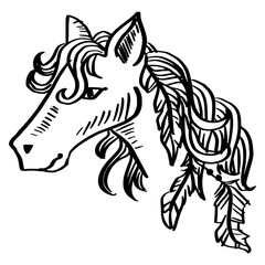Hand drawing of head horse with feathers ornament.