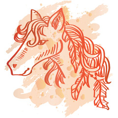 Hand drawing of head horse with feathers ornament.
