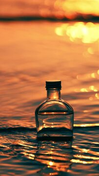 A glass bottle of water on the beach at the sea at sunset, Tropical summer background, Slow motion, Vertical video for smartphone footage