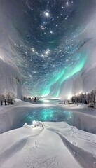 Christmas winter landscape covered in ice and snow, blue northern lights, digital art