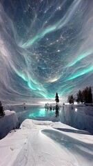 Illustration of a beautiful Christmas winter landscape covered with snow, blue green aurora borealis lights