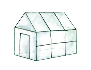 Glass greenhouse for fruits and vegetables. Watercolor hand drawing isolated on white background. Agriculture