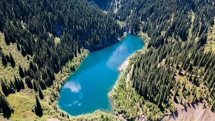Fototapeten aerial photography of a mountain lake. beautiful mountain lake. mountain lake in the forest © Daniil_98_03_09