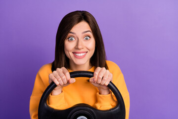 Close up photo of excited positive lady big eyes enjoy own new car repaired road move vehicle service isolated on purple color background