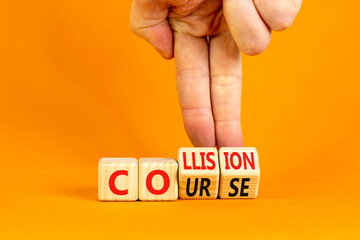 Collision course symbol. Concept word Collision course on wooden cubes. Beautiful orange table orange background. Businessman hand. Business collision course concept. Copy space.