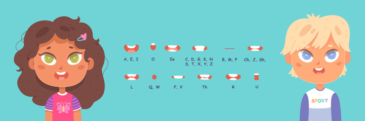 Mouth animation set for boy and girl, lips sync, children pronounce English alphabet