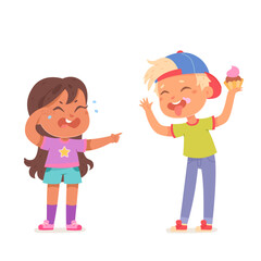 Fototapeta premium Bullying and quarrel of children, bullied girl pointing with finger at angry bully boy